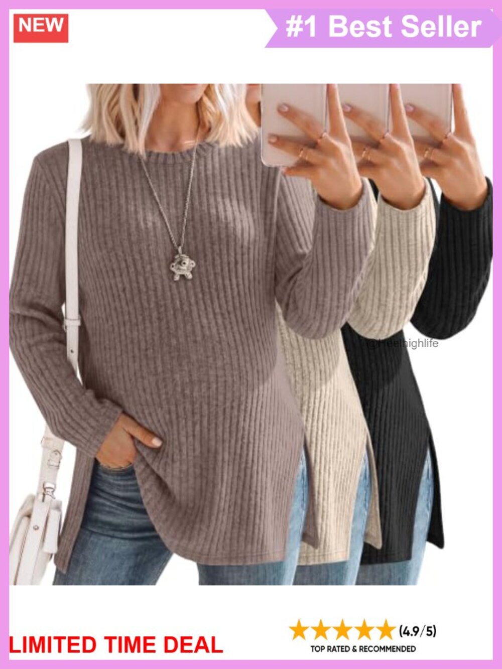 3 Pack Maternity Long Sleeve Ribbed Knit Tunic Tops Split Side Casual